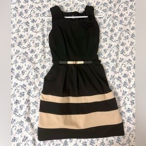 I.N. San Francisco Black and Beige Striped Belted Fit-and-Flare Midi Dress